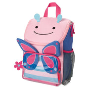 Pink big kids backpack with rabbit face, butterfly graphic, blue trim, mesh side pocket, front zip