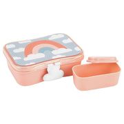 Pastel pink sky lunch kit with rainbow-and-cloud lid and two food compartments