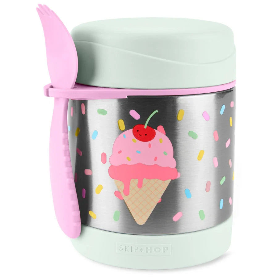 Ice cream-themed food jar with mint lid and pink spoon, pastel cone graphic and sprinkles