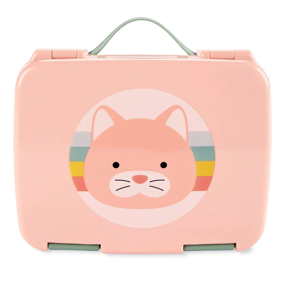 Pink cat bento lunch box with hinged handle and round cat-face graphic
