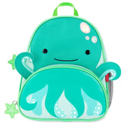 Kids octopus backpack, teal with front zip pocket, smiling face and tentacle graphic