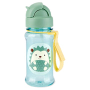 Hedgehog straw water bottle, light blue translucent body with mint flip lid and yellow strap