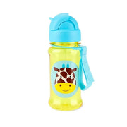 Giraffe printed straw bottle with light-blue flip lid and yellow-green translucent body
