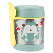 Hedgehog food jar with teal lid and metal sides, hedgehog graphic and Skip Hop logo