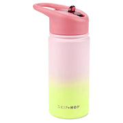 Pink-to-green gradient stainless steel straw bottle with flip-top lid and SKIPhop logo