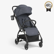 Dark grey pushchair stroller with canopy, padded seat, and four-wheel base