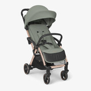 Army green baby pushchair with canopy, padded seat and black wheels on rose-gold frame