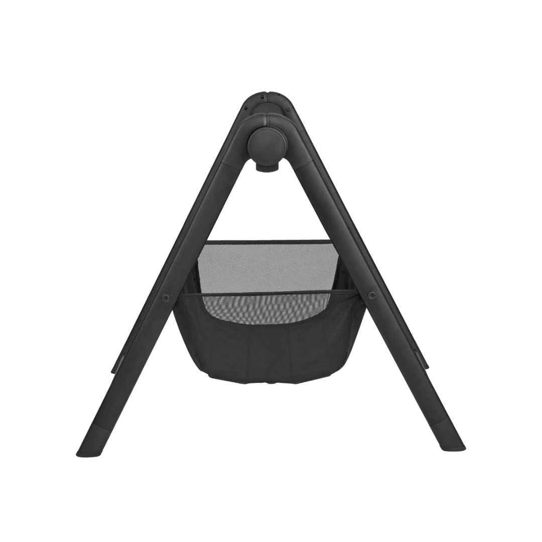 Dark fabric baby carrycot stand with hanging basket and top support frame