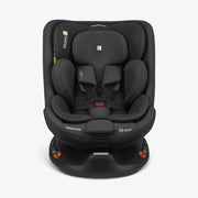 Black car seat with padded headrest, reclined seat, and five-point harness