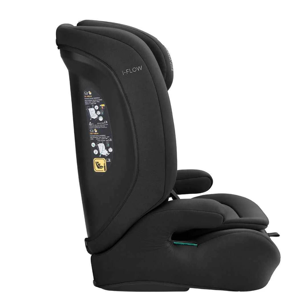 Black car seat with side impact padding and instruction label, side view