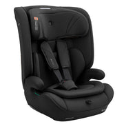 Black car seat with padded harness and headrest, side view