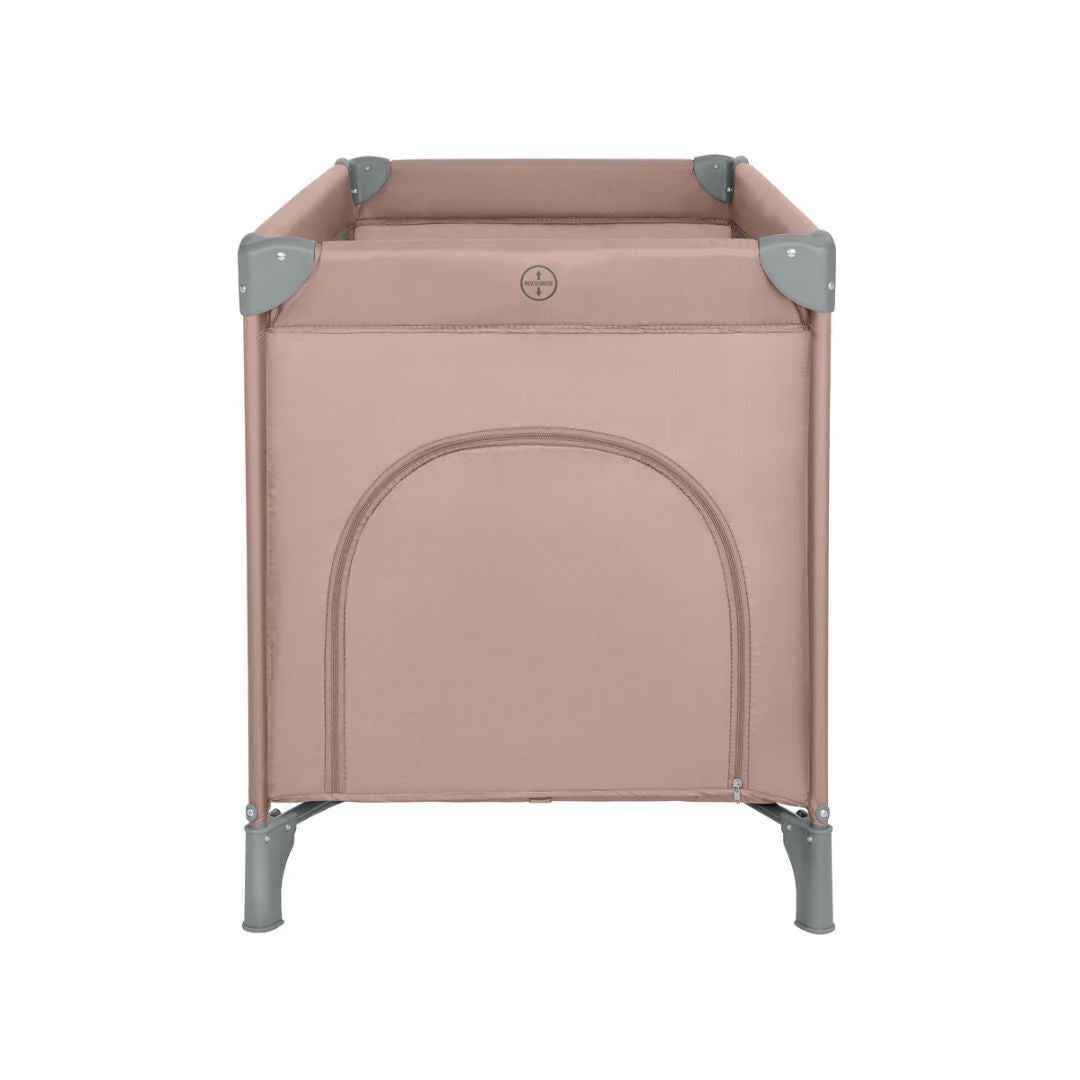 Pink 2-level baby cot end panel with arched padded opening, gray corner feet