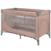 Pink 2-level baby cot with mesh sides and padded rails, gray feet