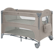 Beige two-level baby cot with mesh side panels and rounded padded headboards