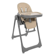 Beige high chair with padded seat, harness straps, and front tray attachment