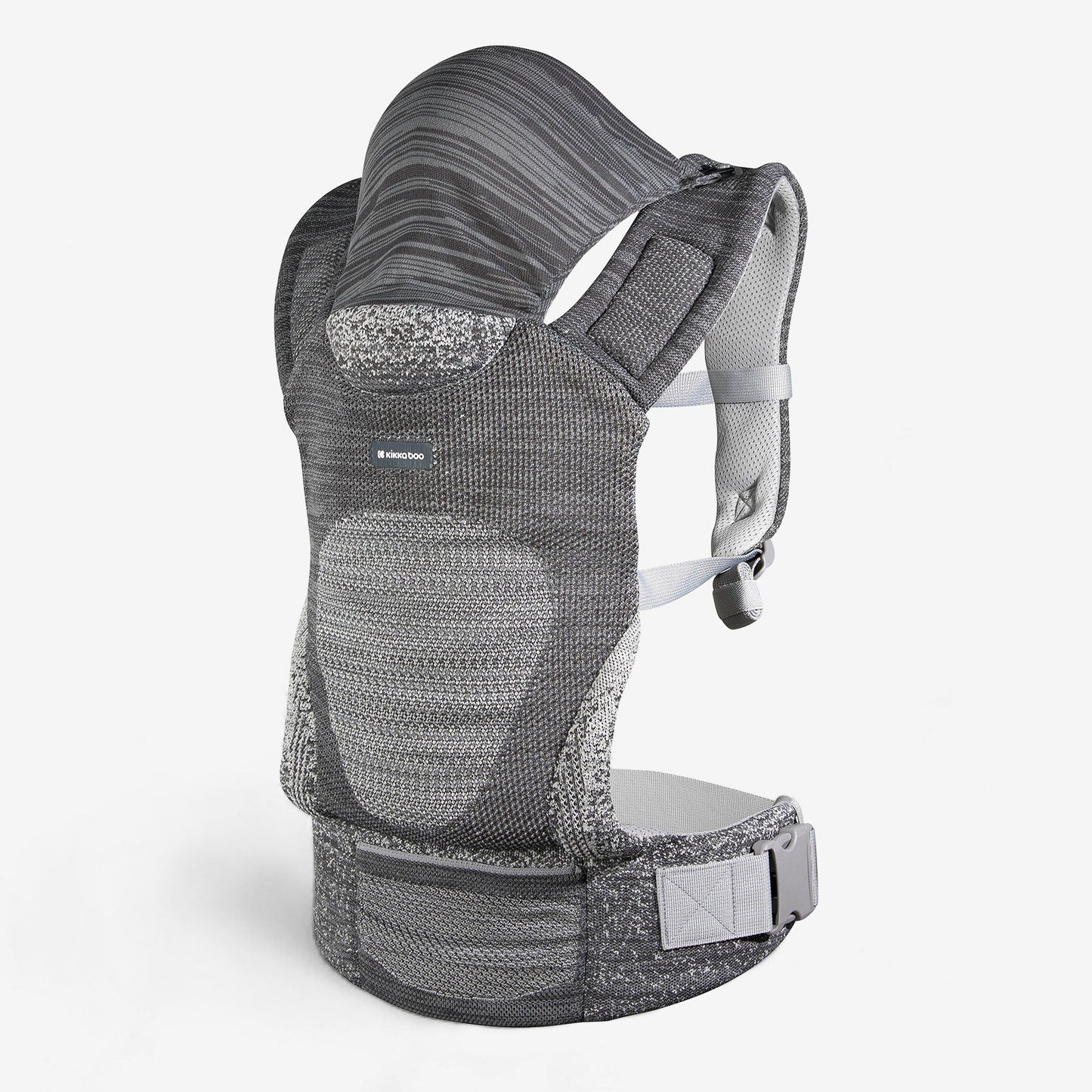 Grey knit baby carrier with hood, front pouch, and adjustable shoulder straps