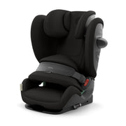 Black child car seat with headrest, side wings, and gray harness pads