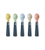 Set of 5 weaning spoons with star grips, pastel spoon heads, dark blue textured handles
