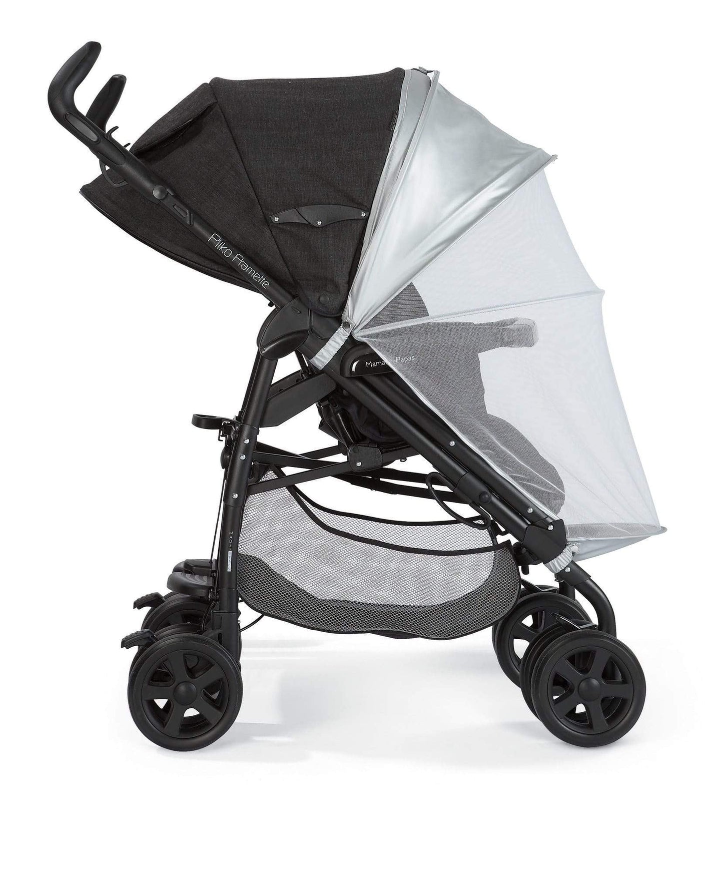 Baby stroller sunshade with insect net, dark frame, light canopy with mesh panel