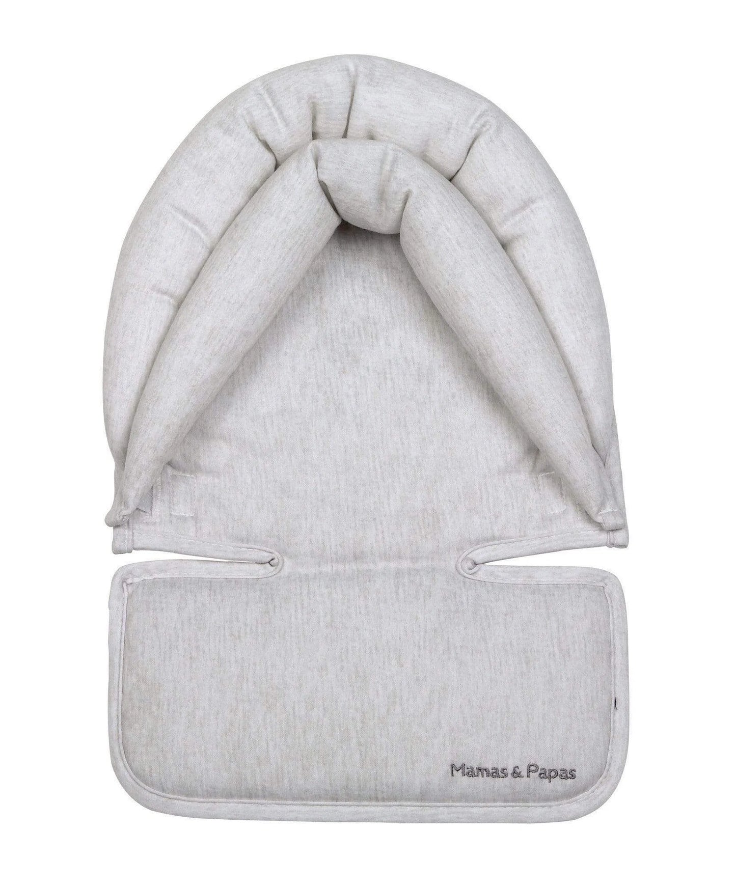 Adjustable head hugger travel accessory in light gray fabric with strap tabs