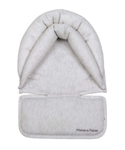 Adjustable head hugger travel accessory in light gray fabric with strap tabs