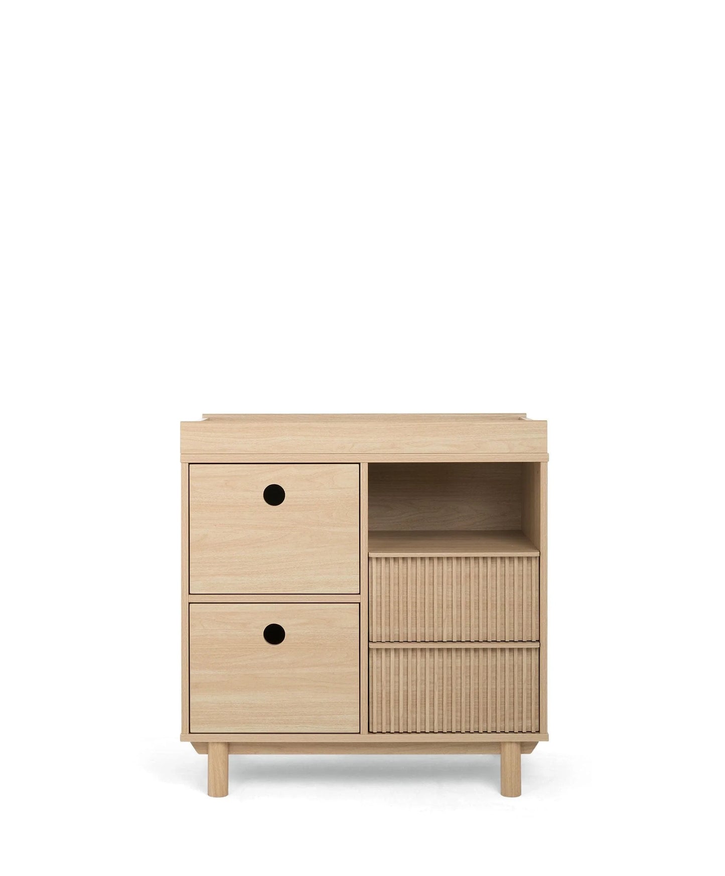 Light oak dresser changer cabinet with two drawers and open ribbed shelving
