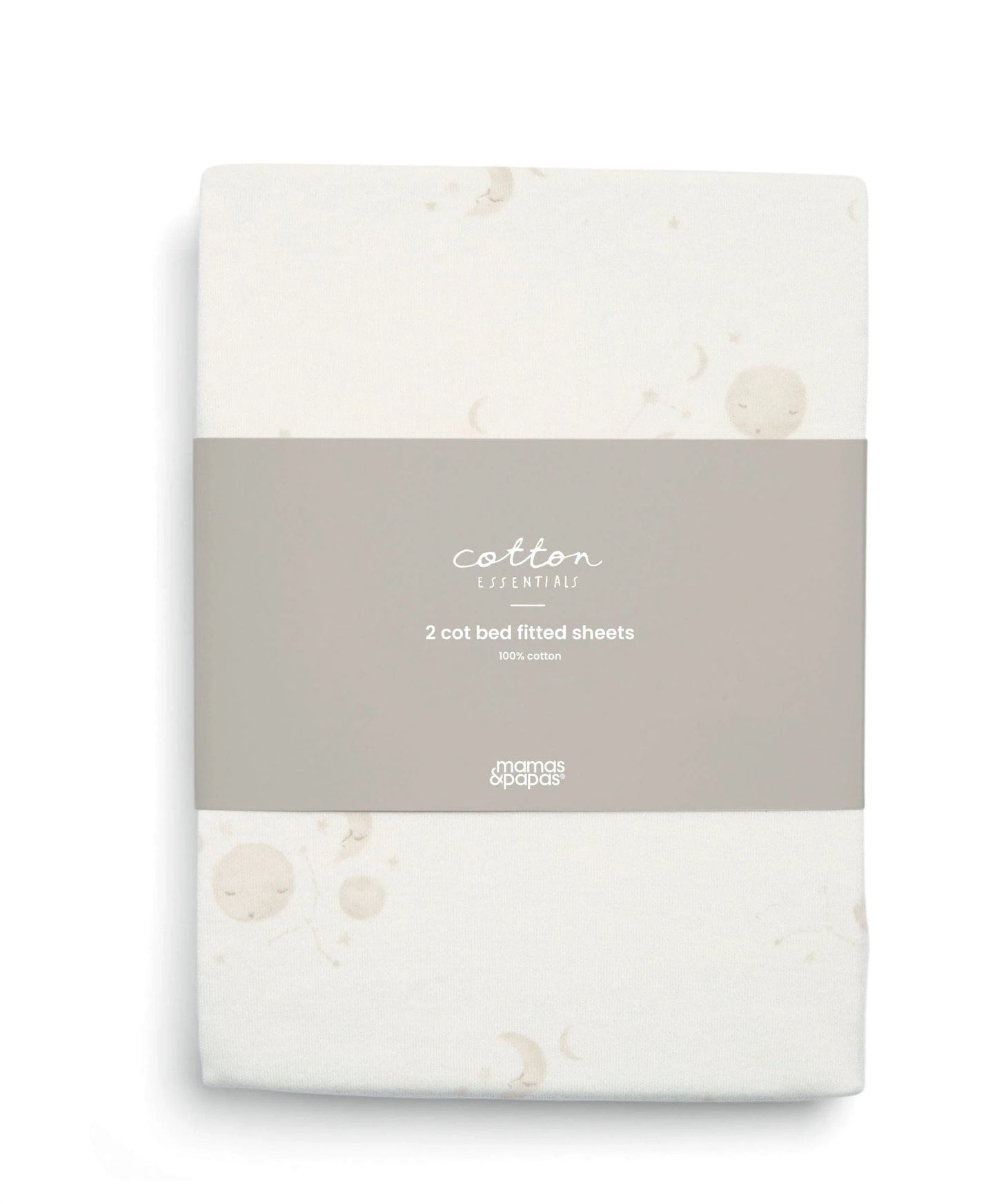 Packaged white cot fitted sheets, 2-count, with celestial print design