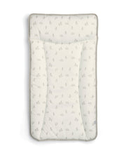 Bunny-print changing mattress with fitted cover, light cream color and padded edges