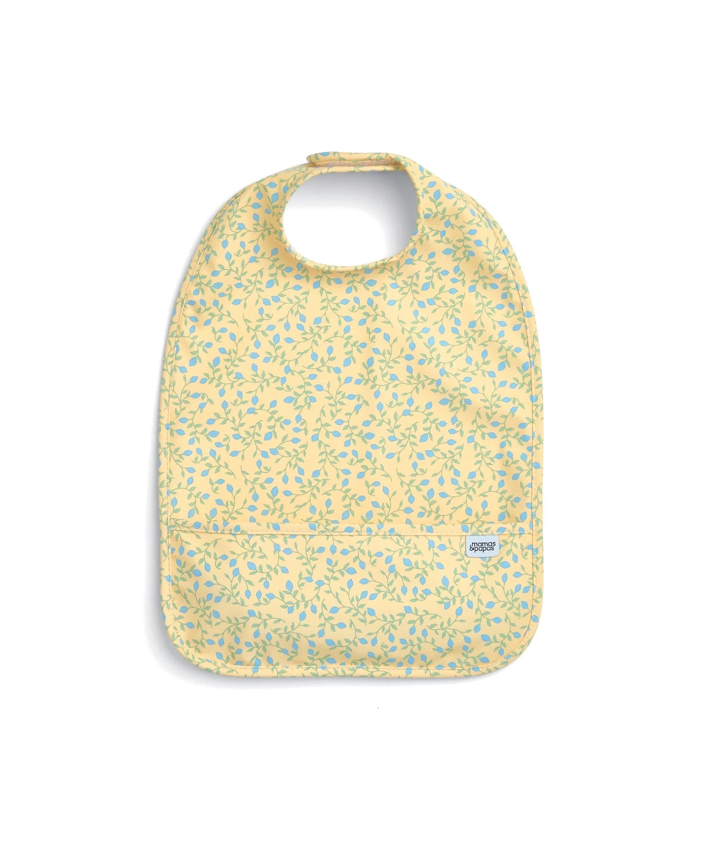 Baby scoop bib with yellow micro-floral leaf pattern, snap closure