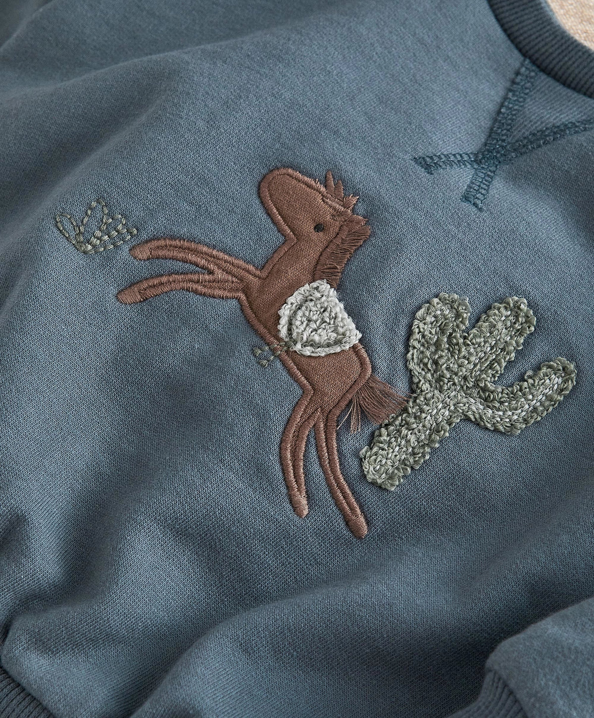 Blue sweatshirt with embroidered pony and branch applique