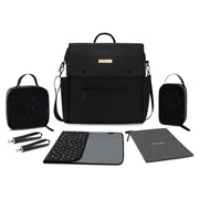 Black changing backpack with front flap, side pockets, and included changing accessories