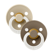 2-pack latex baby pacifiers with round shields, dark oak and vanilla colorways