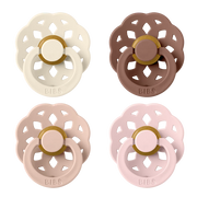2-pack latex pacifiers, floral cutout shields, gold rings; white and blush pink