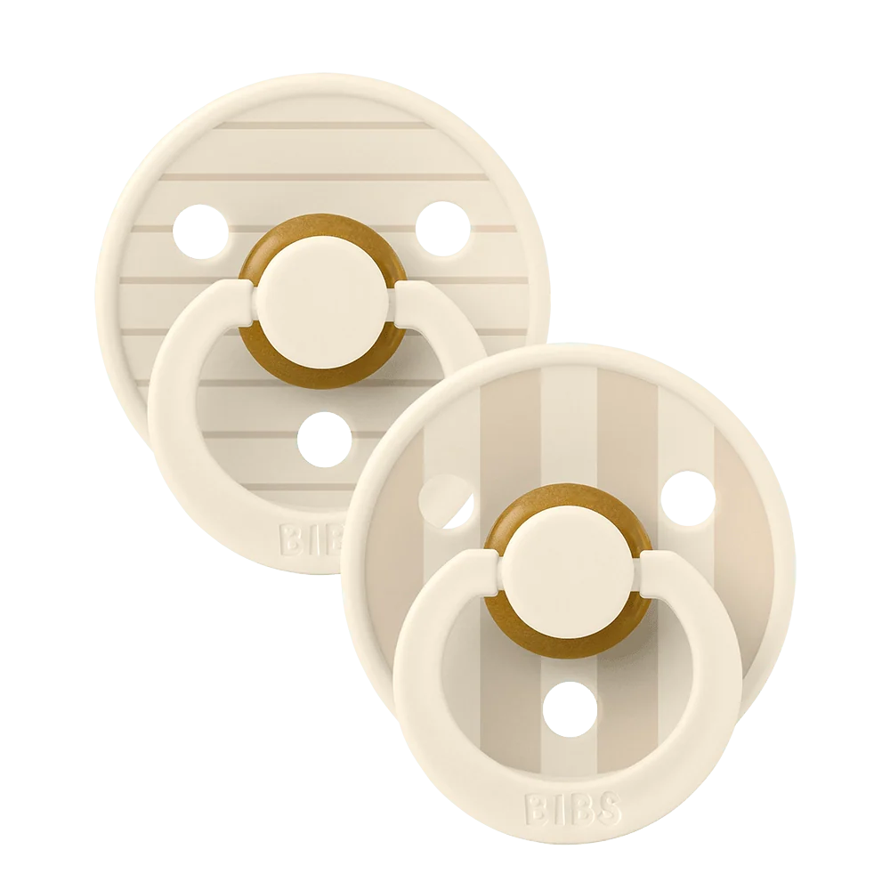 Two vanilla latex baby pacifiers, size 1, brown striped shields with BIBS logo.