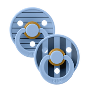 Size 1 latex pacifiers, 2-pack, light blue with striped shields and gold accent