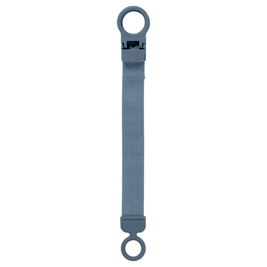 Petrol-blue pacifier clip with fabric strap and two plastic loop ends