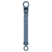 Petrol-blue pacifier clip with fabric strap and two plastic loop ends