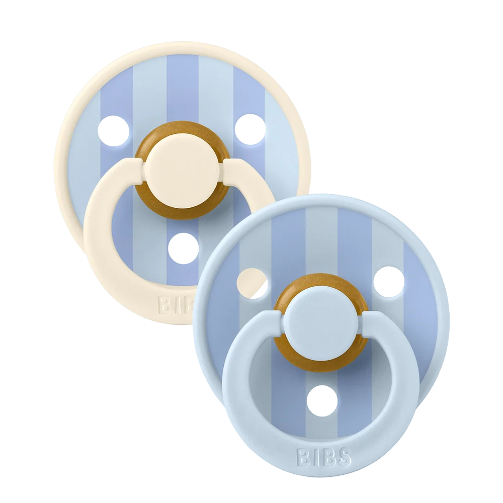 Two latex baby pacifiers with round shields in light blue and dusty blue, size 2.