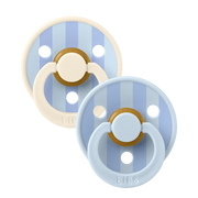 Two latex baby pacifiers with round shields in light blue and dusty blue, size 2.