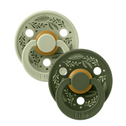 Latex baby pacifiers, sage and hunter green, leaf pattern, two-pack
