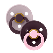 Two-pack baby latex pacifiers in lilac, with gold ring, pink shield, Size 1