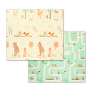 Educational foam play mat with animal and alphabet road pattern, beige and green.