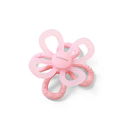 Pink silicone flower teether with ring handles and petal-shaped loops