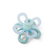 Silicone flower teether in light blue with circular petal loops and teething rings