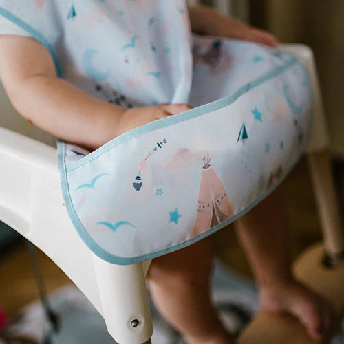 Light blue baby apron with raccoon teepee print and front pocket