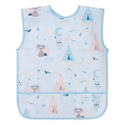 Light blue kids apron with raccoon teepee print and snap waist closure