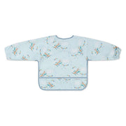 Light blue long-sleeve baby bib with airplane print and gray binding