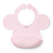 Pink silicone baby bib with adjustable lock and wide scoop catch pocket
