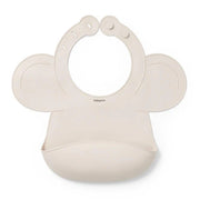 Beige silicone baby bib with adjustable lock and rounded neck opening