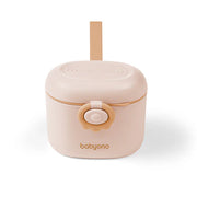 Beige portable milk powder dispenser with round lid, pouring spout, and handle